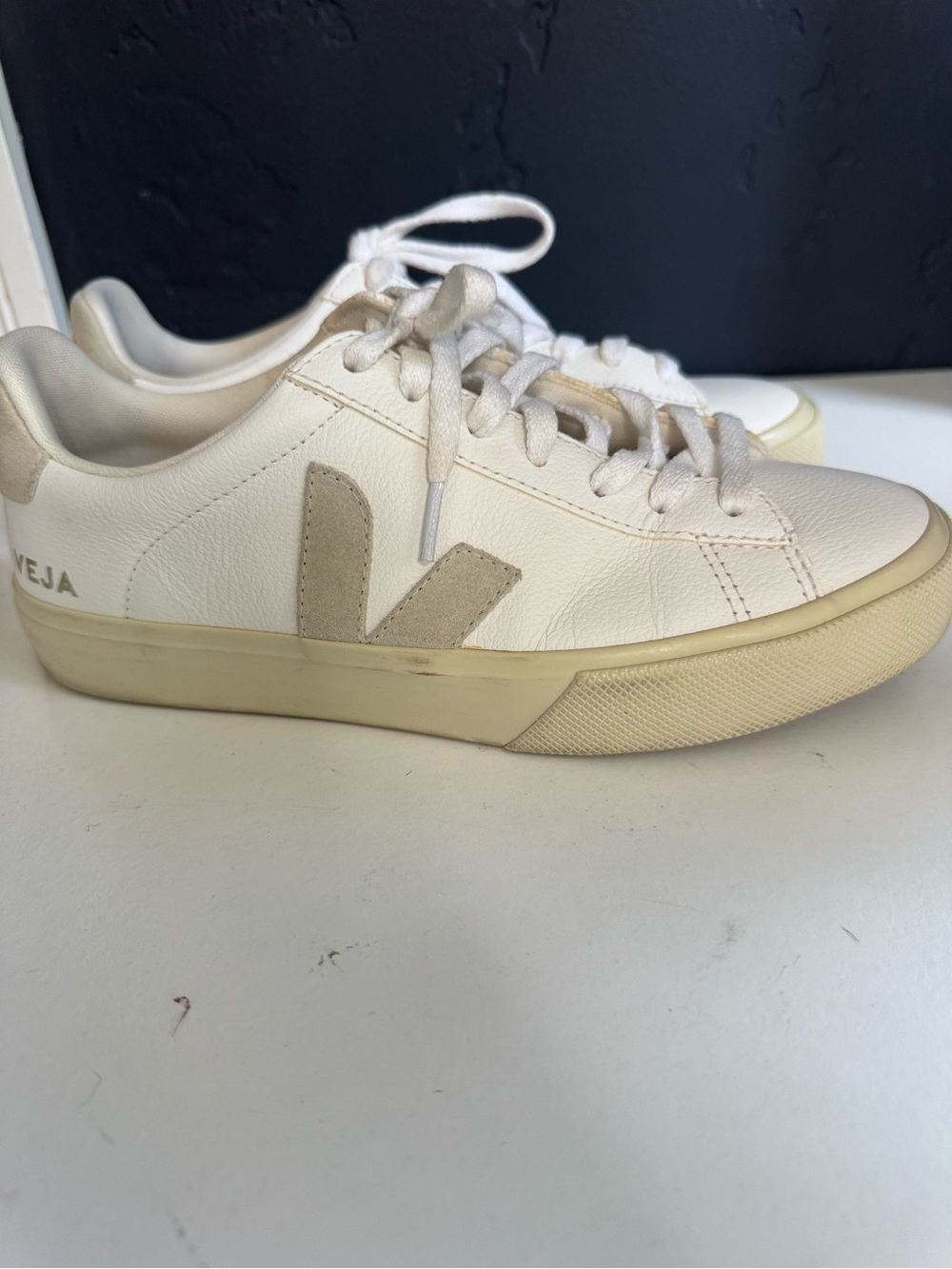 Veja White Leather Sneakers with Beige V Accent